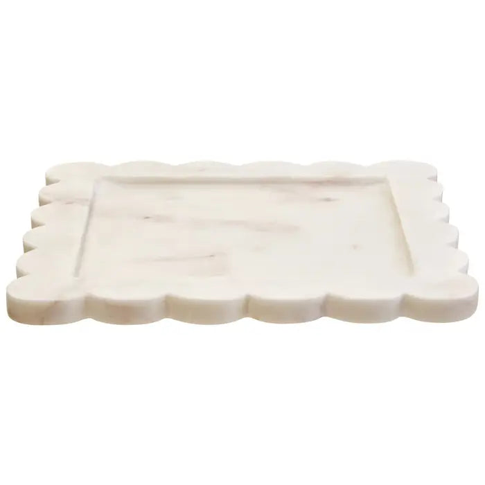 Tides Design Savio White Marble Square Large Tray with Scallop Edges