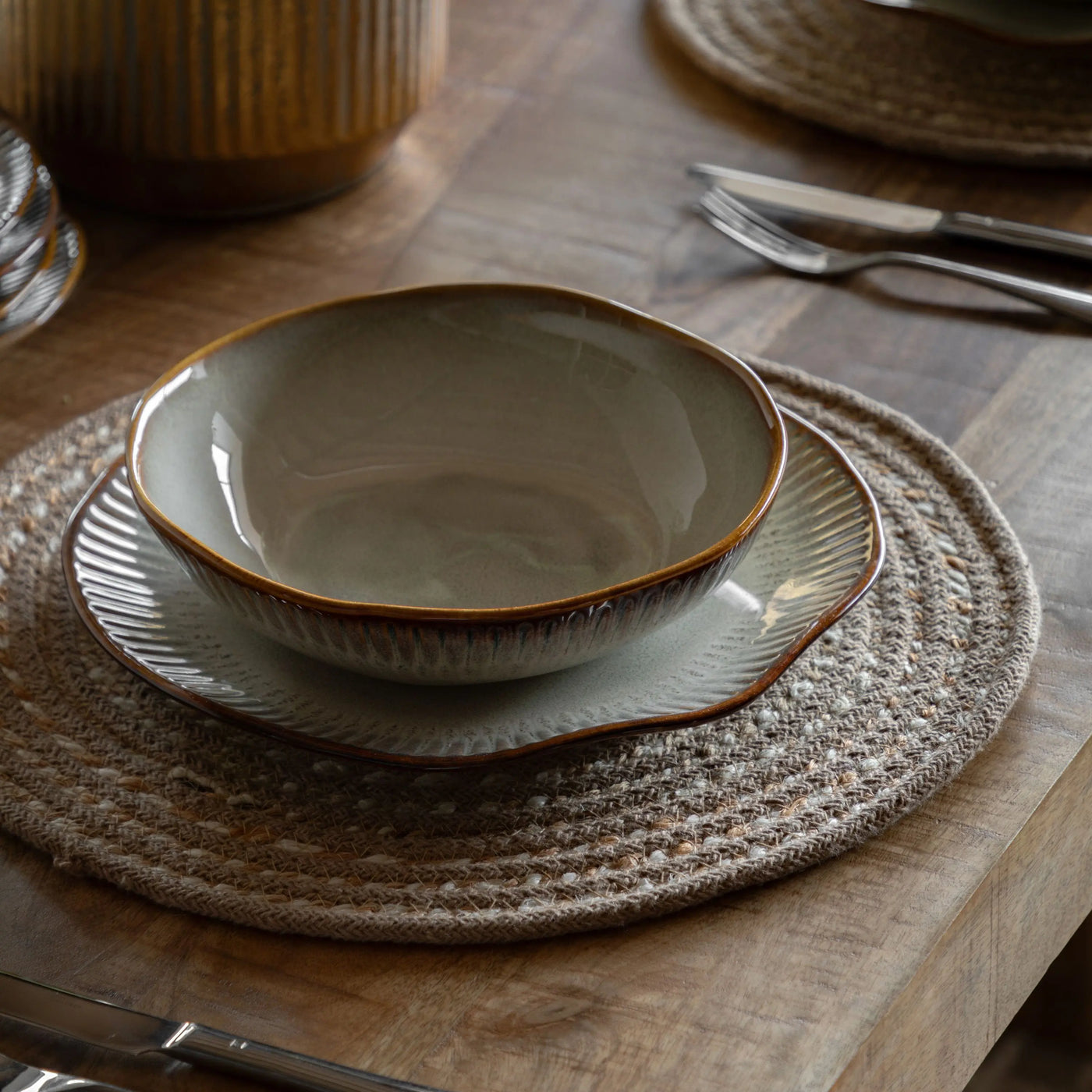 Set of 4 Organic Ridged Pasta Bowl Stone
