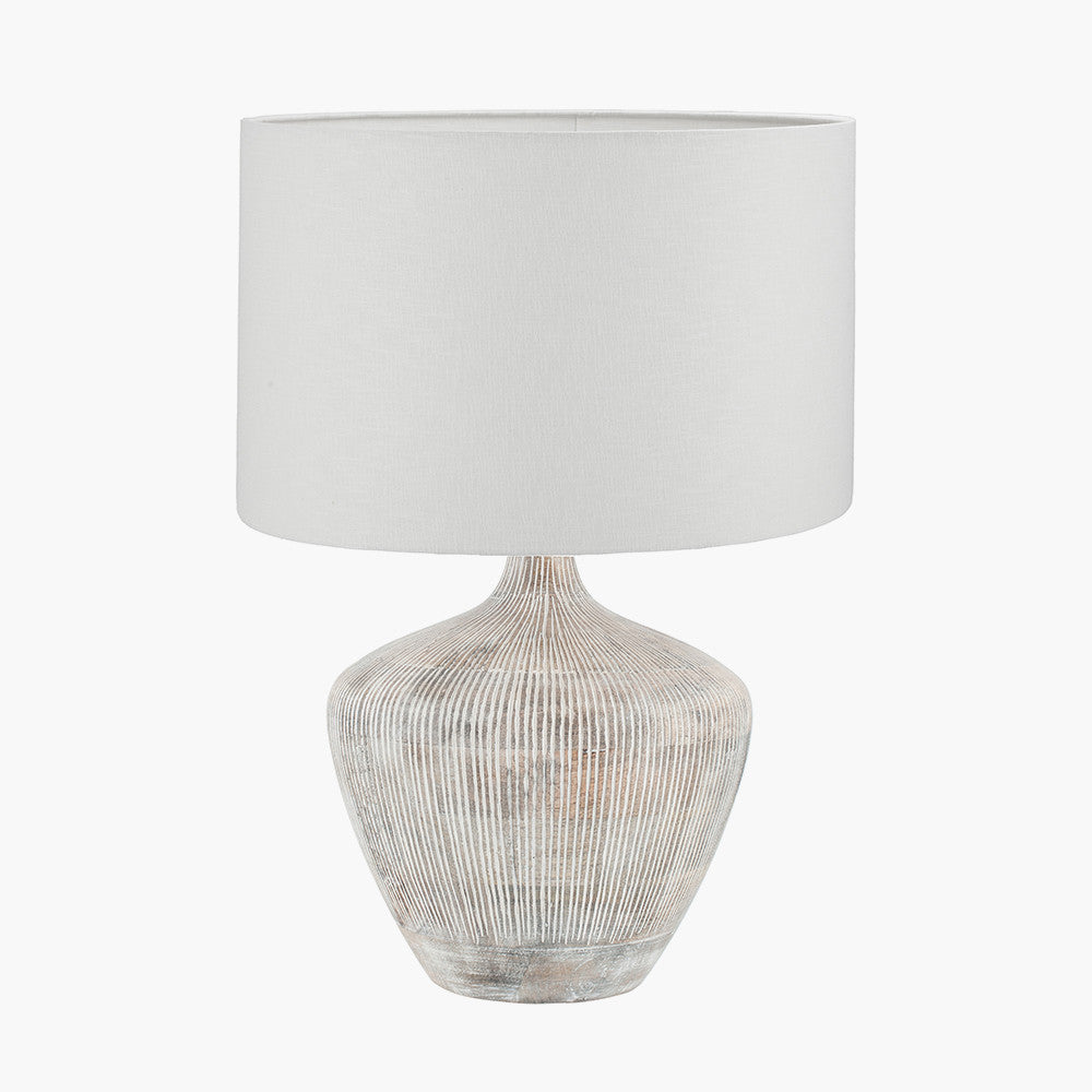 Manaia White Wash Textured Wood Table Lamp Base with Lino White Self Lined Linen Cylinder Lampshade