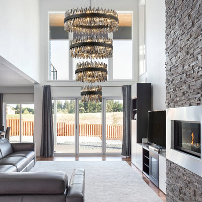 4 Tier Pendant, 6 + 10 + 18 + 24 Light G9 – Satin Black & Smoked Glass