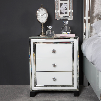 *Clearance*White Mirror 3 Drawer Bedside Cabinet