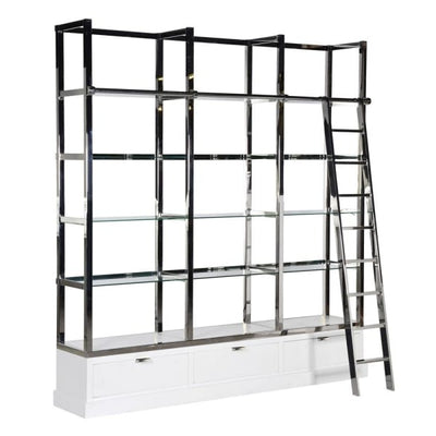 Chelsea White and Chrome Library Shelves Unit with Ladder