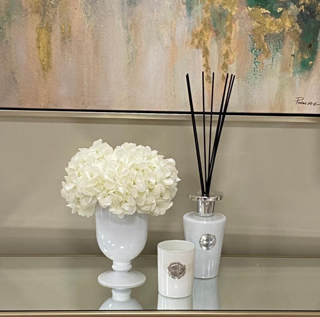 White Hydrangeas in White Gloss Vase