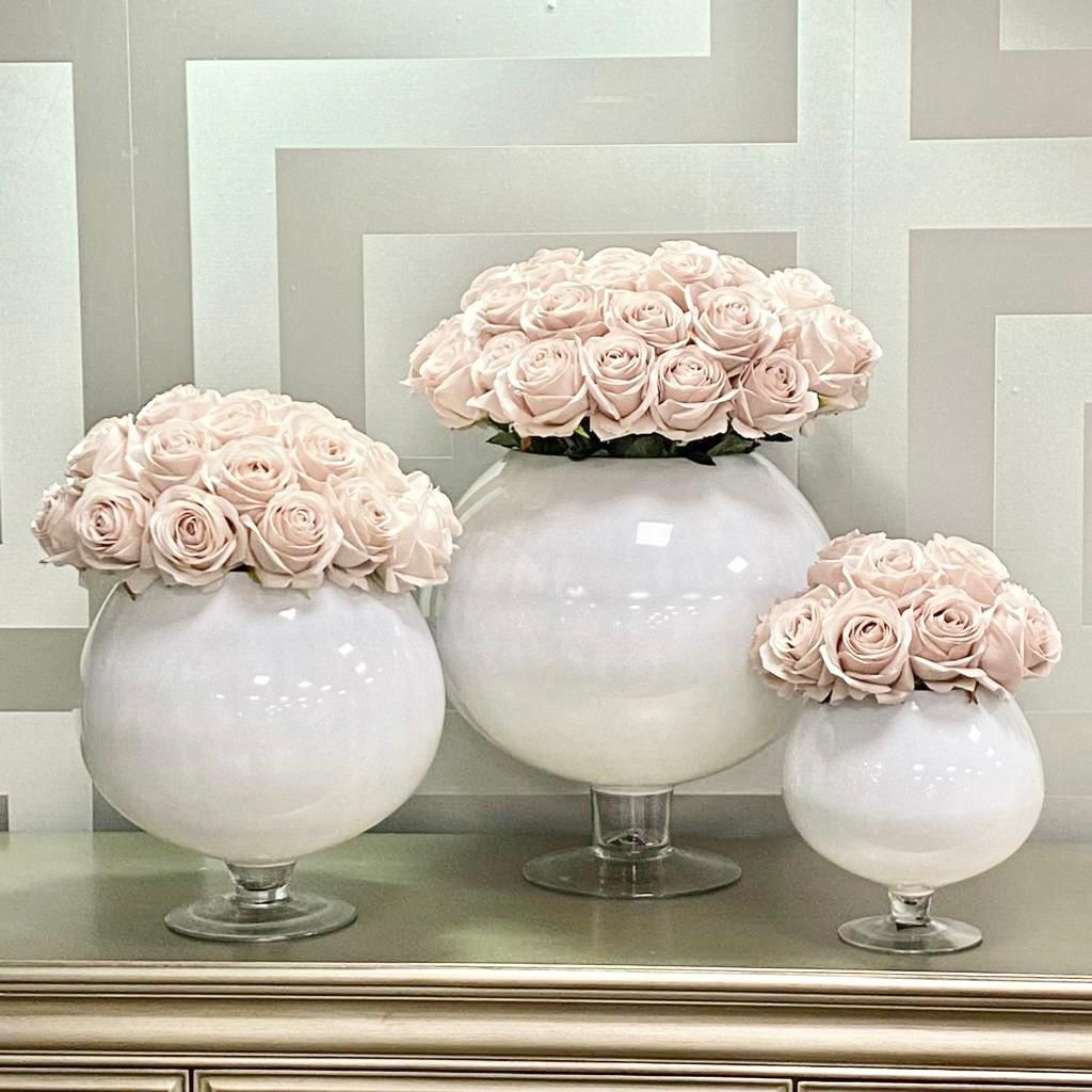 Pink Roses In Footed White Bowl Vase
