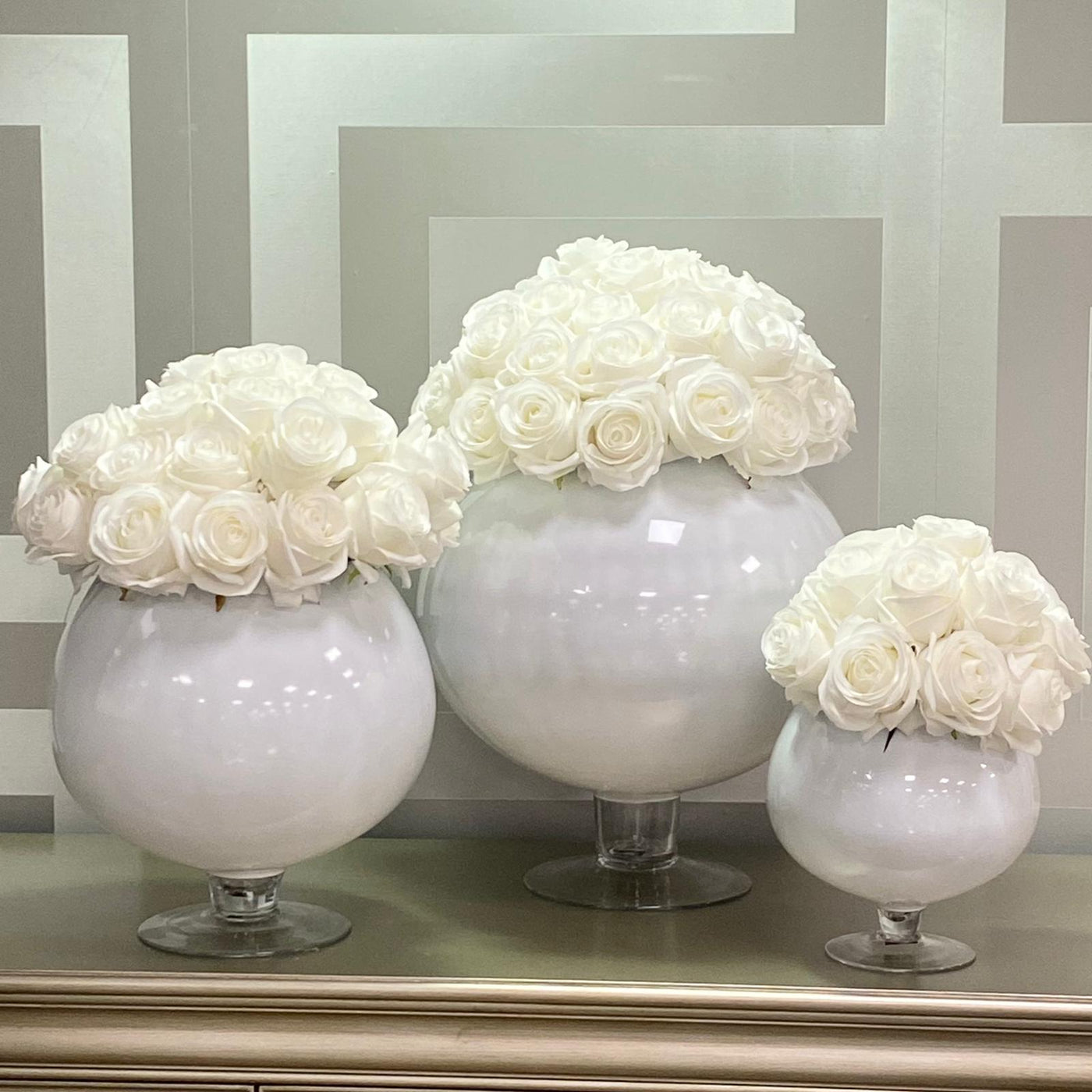 White Roses In Footed White Bowl Vase