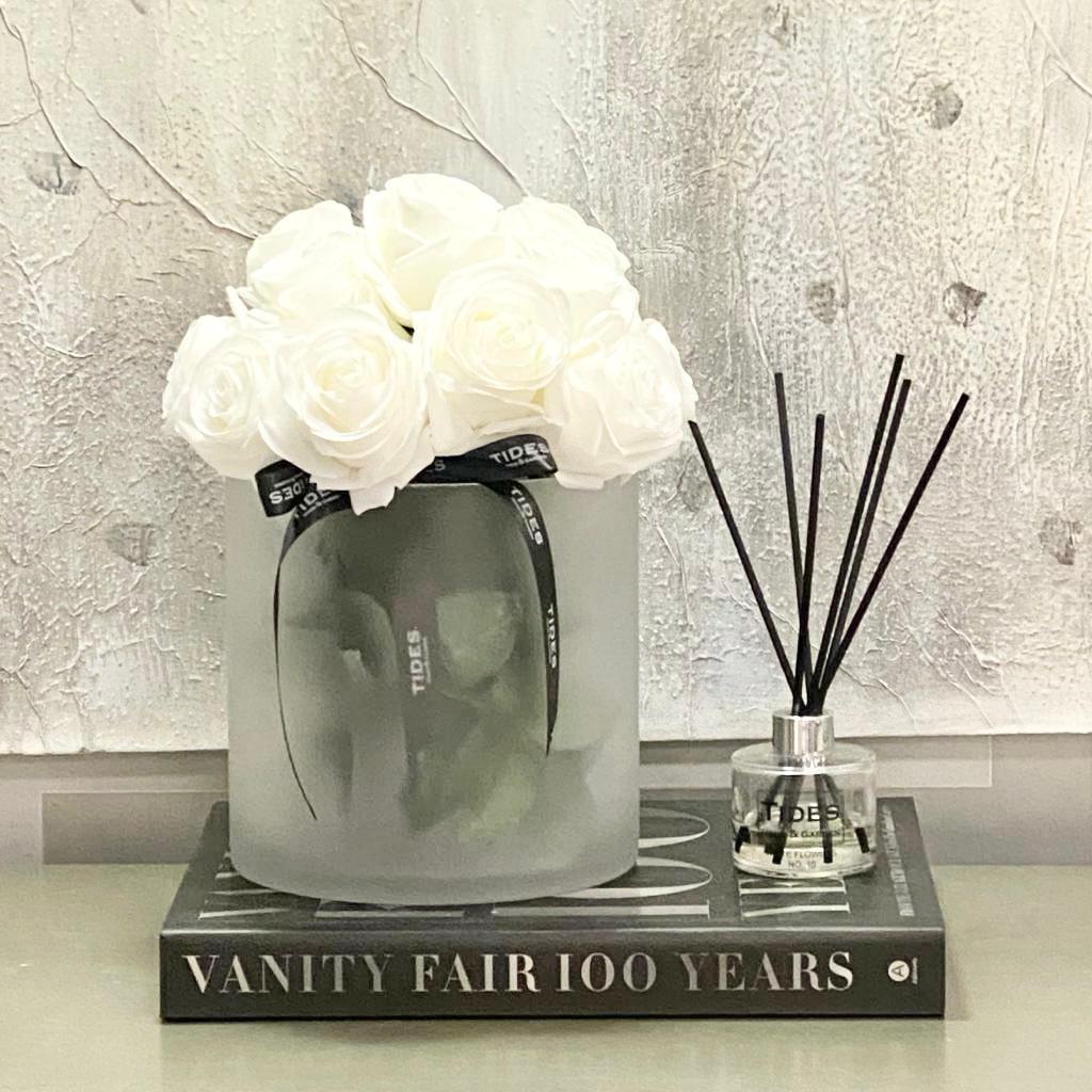 Claire White Rose Display In Frosted Vase