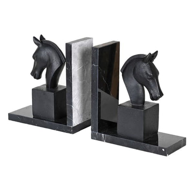 Pair Black Marble Horse Bookends