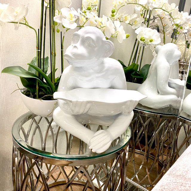 White Gloss Monkey Bowl Statue