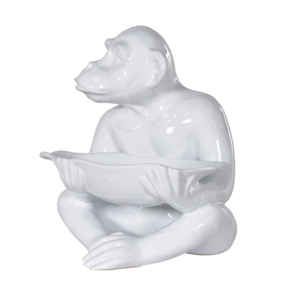 White Gloss Monkey Bowl Statue